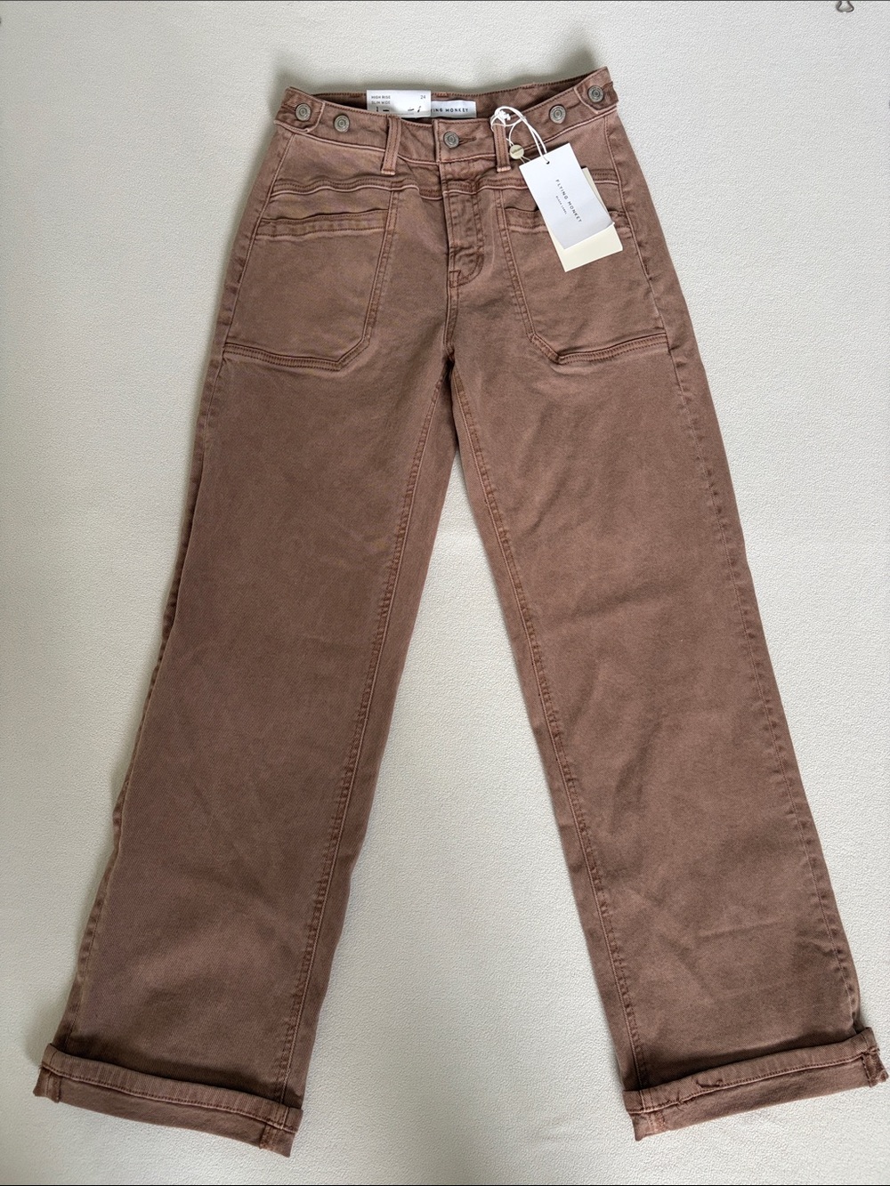 Flying Monkey Warm Taupe High Rise Tab Waistband Slim Wide Leg Jeans - Picture 3 of 11